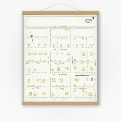 Old map wall art mockup — magnetic wood frame on white wall — Sanborn Fire Insurance Map from Quanah, Hardeman County, Texas (1915), Sheet #0003