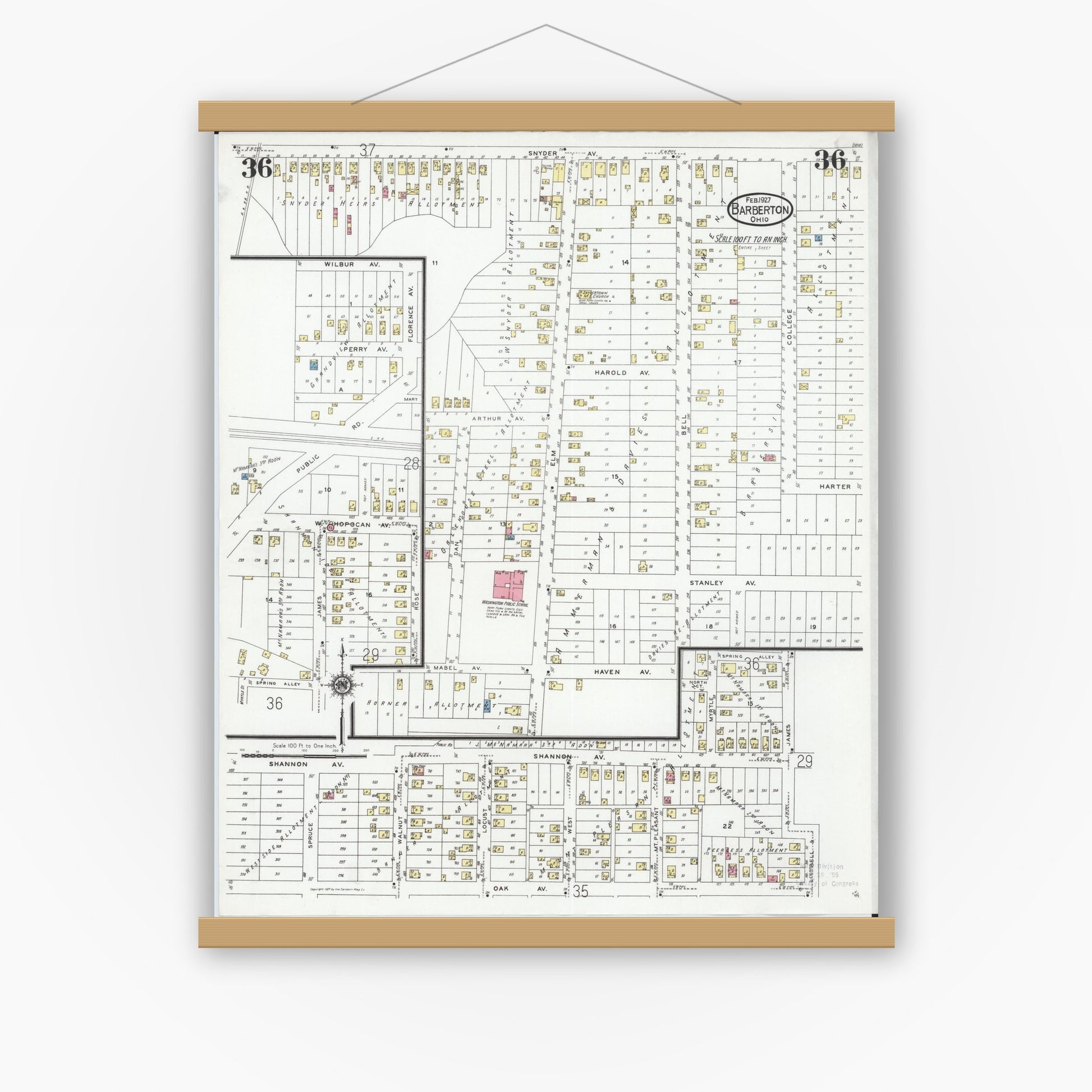 Old map wall art mockup — magnetic wood frame on white wall — Sanborn Fire Insurance Map from Barberton, Summit County, Ohio (1927), Sheet #0036