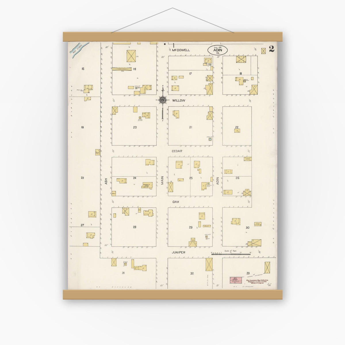 Old map wall art mockup — magnetic wood frame on white wall — Sanborn Fire Insurance Map from Adin, Modoc County, California (1912), Sheet #0002