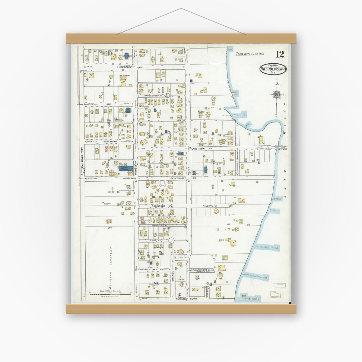 Old map wall art mockup — magnetic wood frame on white wall — Sanborn Fire Insurance Map from West Palm Beach, Dade County, Florida (1920), Sheet #0012