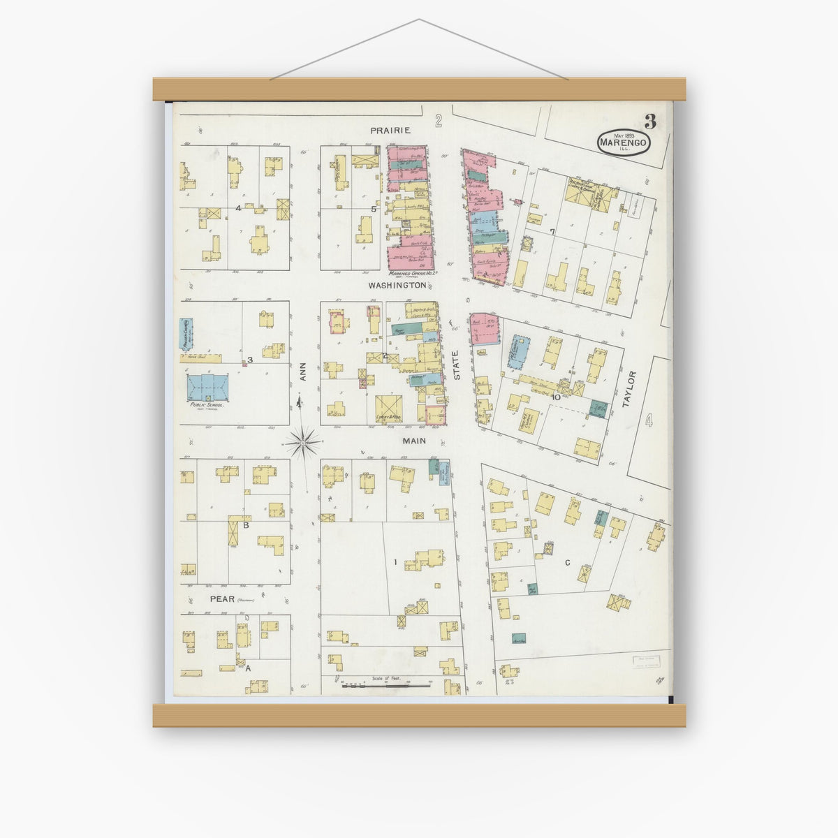 Old map wall art mockup — magnetic wood frame on white wall — Sanborn Fire Insurance Map from Marengo, McHenry County, Illinois (1893), Sheet #0003