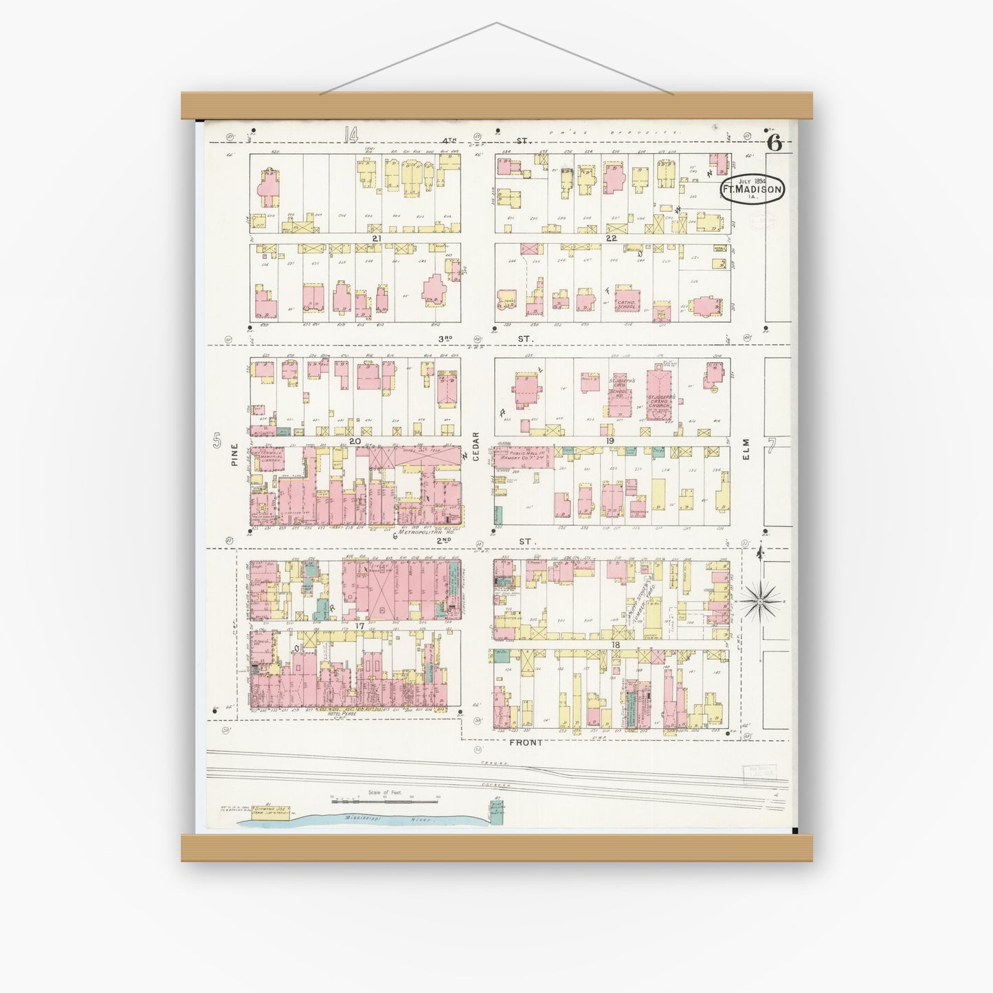 Old map wall art mockup — magnetic wood frame on white wall — Sanborn Fire Insurance Map from Fort Madison, Lee County, Iowa (1894), Sheet #0006