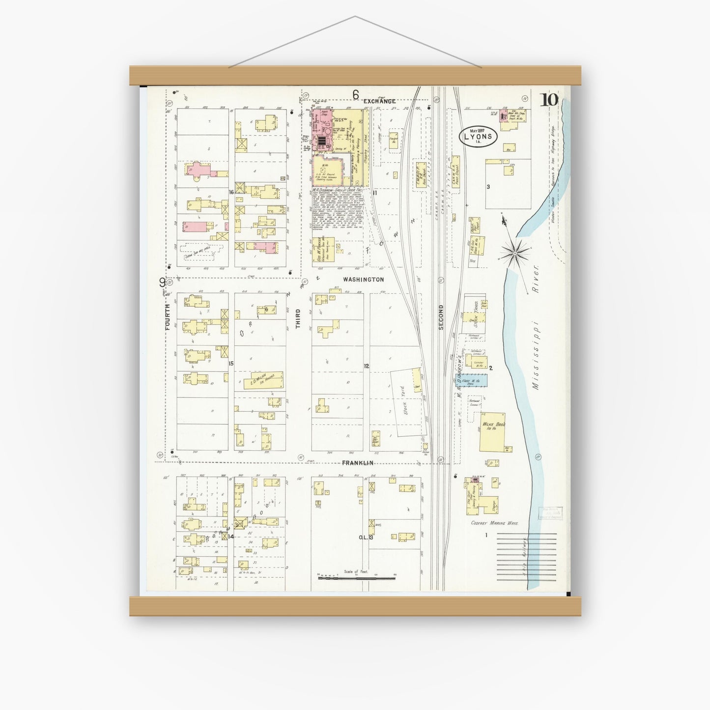 Old map wall art mockup — magnetic wood frame on white wall — Sanborn Fire Insurance Map from Lyons, Clinton County, Iowa (1897), Sheet #0010
