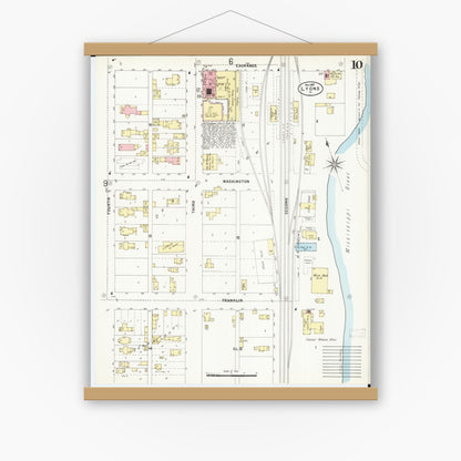 Old map wall art mockup — magnetic wood frame on white wall — Sanborn Fire Insurance Map from Lyons, Clinton County, Iowa (1897), Sheet #0010