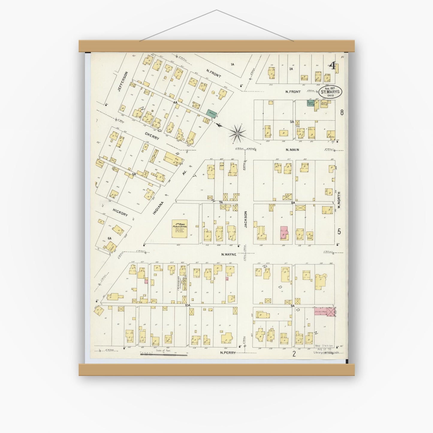 Old map wall art mockup — magnetic wood frame on white wall — Sanborn Fire Insurance Map from Saint Marys, Auglaize County, Ohio (1907), Sheet #0004