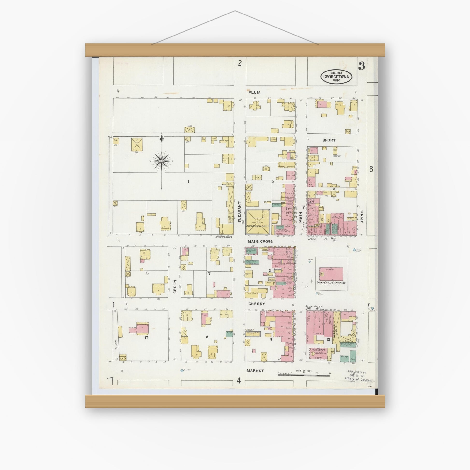 Old map wall art mockup — magnetic wood frame on white wall — Sanborn Fire Insurance Map from Georgetown, Brown County, Ohio (1904), Sheet #0003