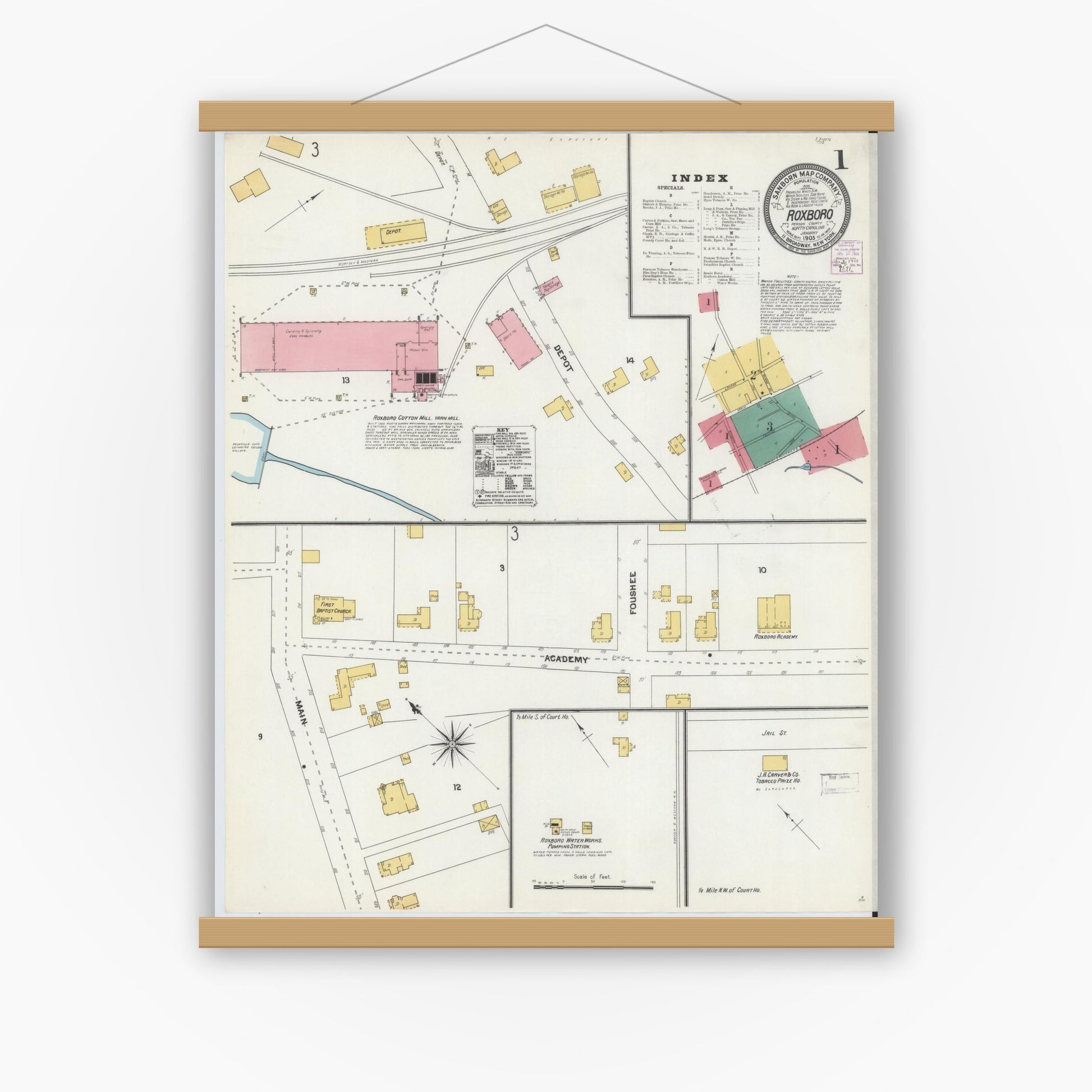 Old map wall art mockup — magnetic wood frame on white wall — Sanborn Fire Insurance Map from Roxboro, Person County, North Carolina (1905), Sheet #0001