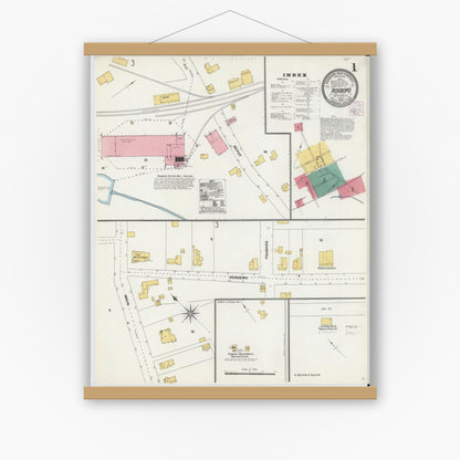 Old map wall art mockup — magnetic wood frame on white wall — Sanborn Fire Insurance Map from Roxboro, Person County, North Carolina (1905), Sheet #0001