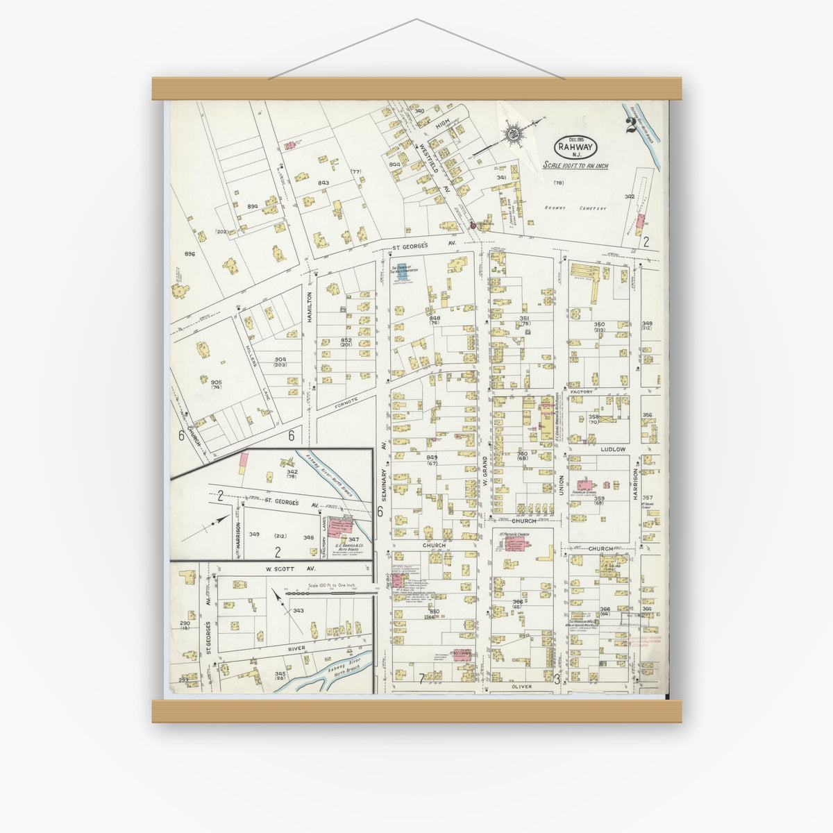 Old map wall art mockup — magnetic wood frame on white wall — Sanborn Fire Insurance Map from Rahway, Union County, New Jersey (1915), Sheet #0002