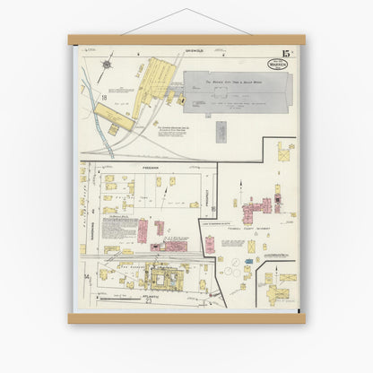 Old map wall art mockup — magnetic wood frame on white wall — Sanborn Fire Insurance Map from Warren, Trumbull County, Ohio (1915), Sheet #0015