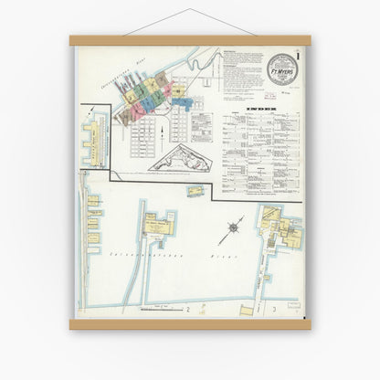 Old map wall art mockup — magnetic wood frame on white wall — Sanborn Fire Insurance Map from Fort Myers, Lee County, Florida (1914) - Complete Map Set