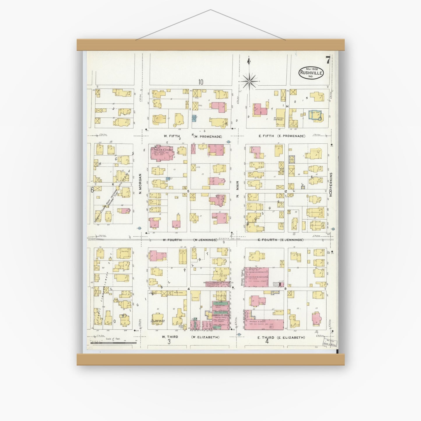 Old map wall art mockup — magnetic wood frame on white wall — Sanborn Fire Insurance Map from Rushville, Rush County, Indiana (1908), Sheet #0007