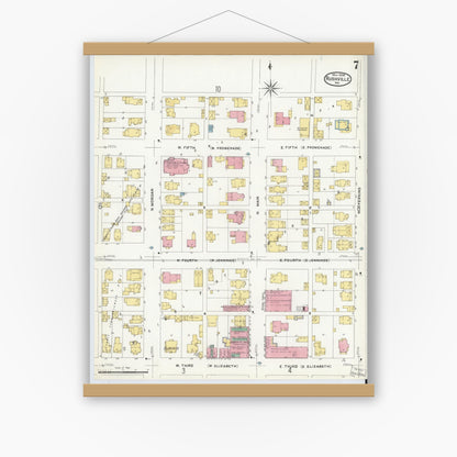 Old map wall art mockup — magnetic wood frame on white wall — Sanborn Fire Insurance Map from Rushville, Rush County, Indiana (1908), Sheet #0007