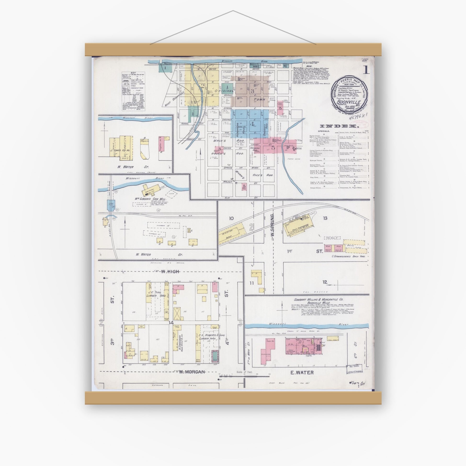 Old map wall art mockup — magnetic wood frame on white wall — Sanborn Fire Insurance Map from Boonville, Cooper County, Missouri (1892) - Complete Map Set