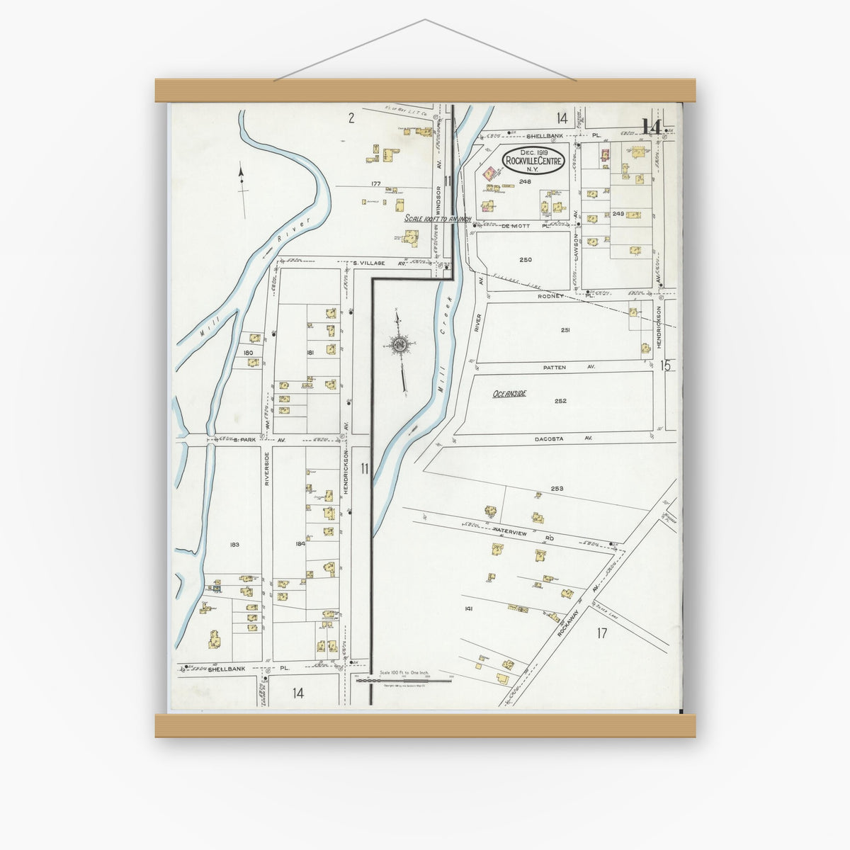 Old map wall art mockup — magnetic wood frame on white wall — Sanborn Fire Insurance Map from Rockville Centre, Nassau County, New York (1919), Sheet #0014
