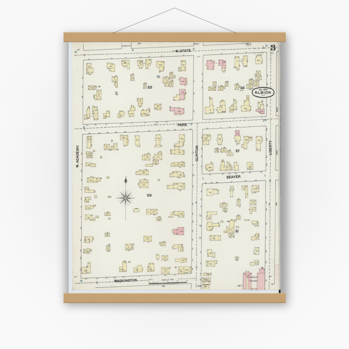 Old map wall art mockup — magnetic wood frame on white wall — Sanborn Fire Insurance Map from Albion, Orleans County, New York (1889), Sheet #0003