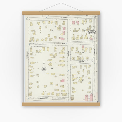Old map wall art mockup — magnetic wood frame on white wall — Sanborn Fire Insurance Map from Albion, Orleans County, New York (1889), Sheet #0003