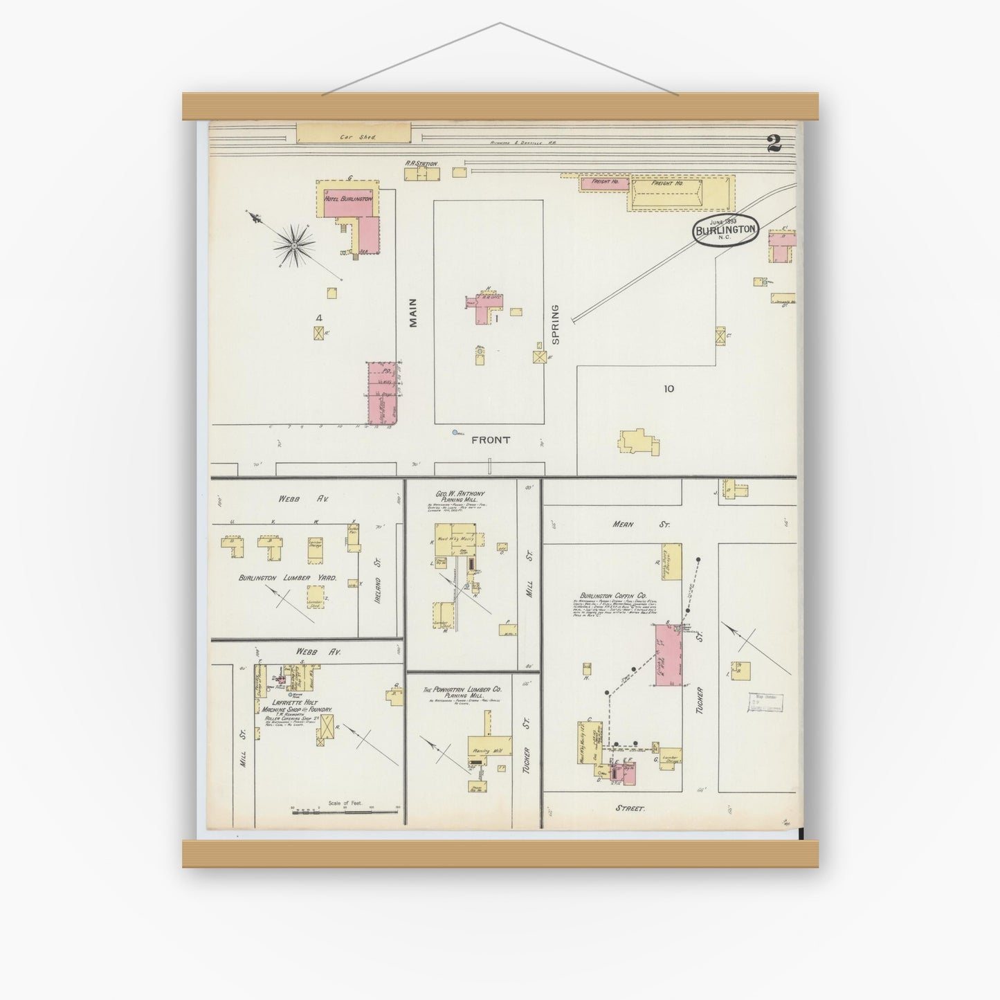 Old map wall art mockup — magnetic wood frame on white wall — Sanborn Fire Insurance Map from Burlington, Alamance County, North Carolina (1893), Sheet #0002