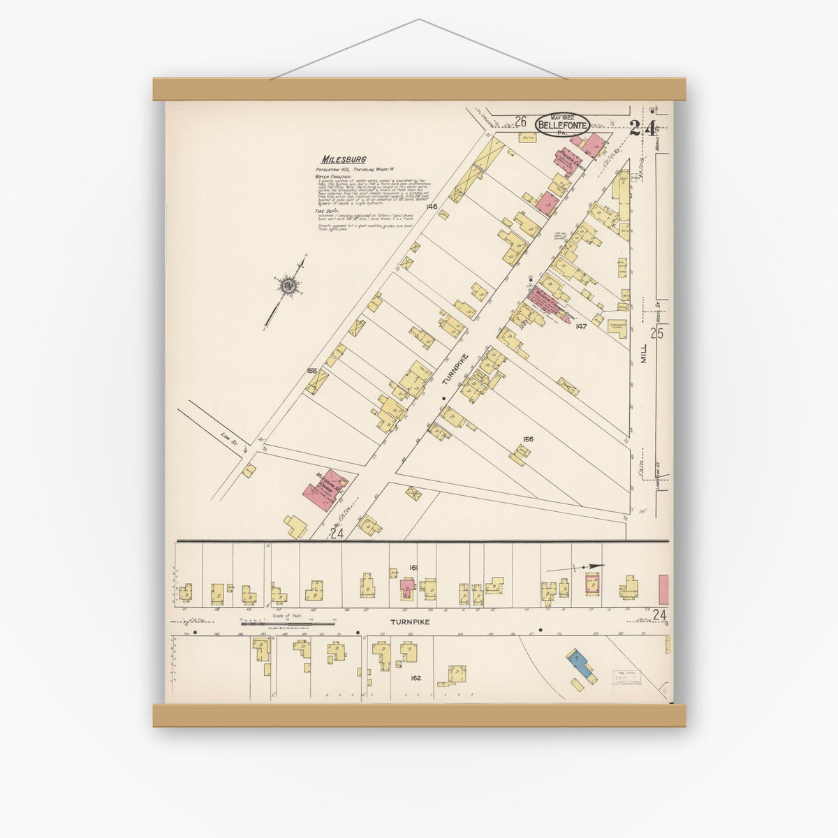 Old map wall art mockup — magnetic wood frame on white wall — Sanborn Fire Insurance Map from Bellefonte, Centre County, Pennsylvania (1922), Sheet #0024