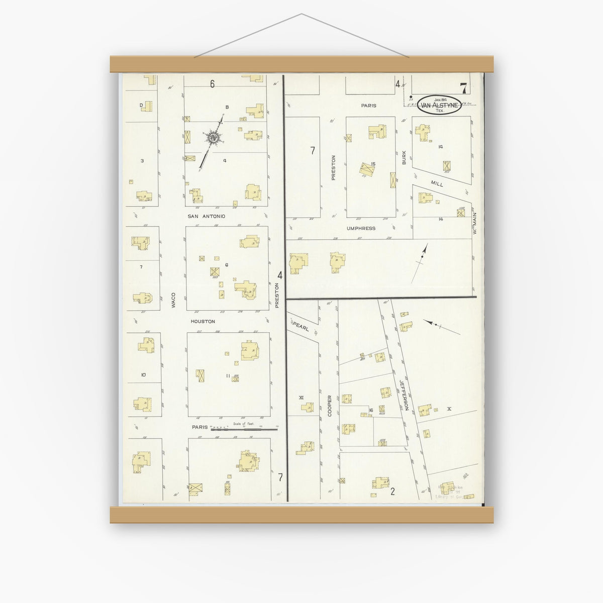 Old map wall art mockup — magnetic wood frame on white wall — Sanborn Fire Insurance Map from Van Alstyne, Grayson County, Texas (1914), Sheet #0007