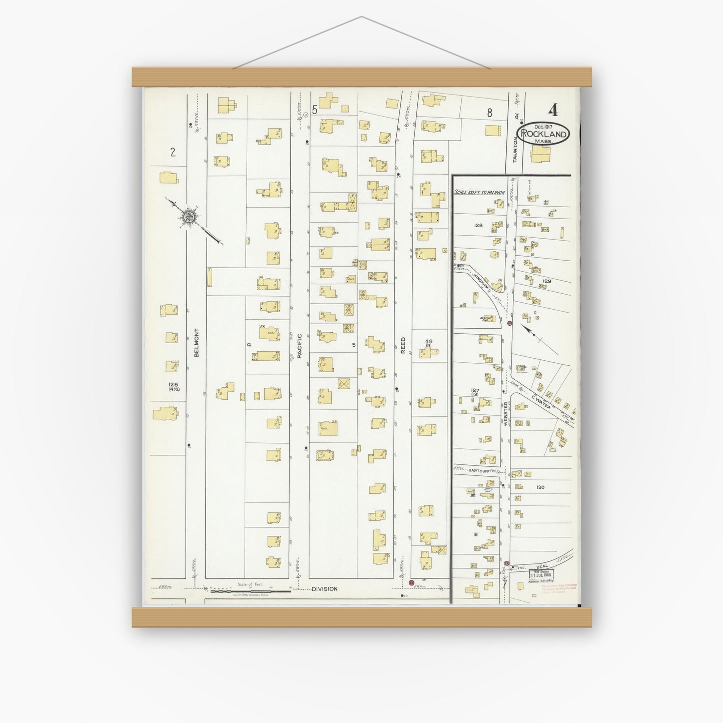 Old map wall art mockup — magnetic wood frame on white wall — Sanborn Fire Insurance Map from Rockland, Plymouth County, Massachusetts (1917), Sheet #0004