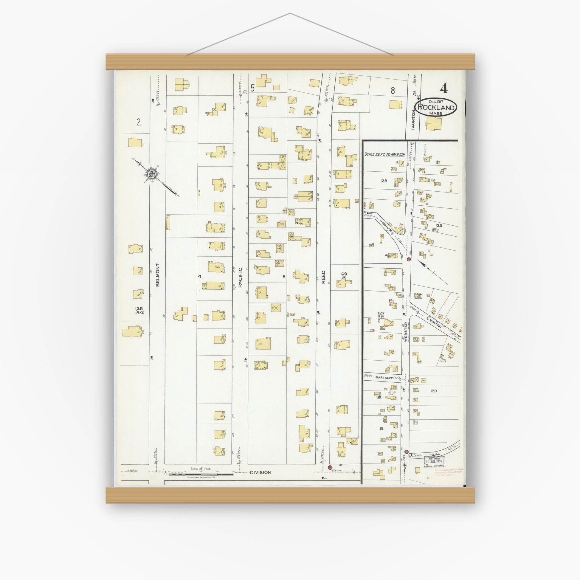 Old map wall art mockup — magnetic wood frame on white wall — Sanborn Fire Insurance Map from Rockland, Plymouth County, Massachusetts (1917), Sheet #0004