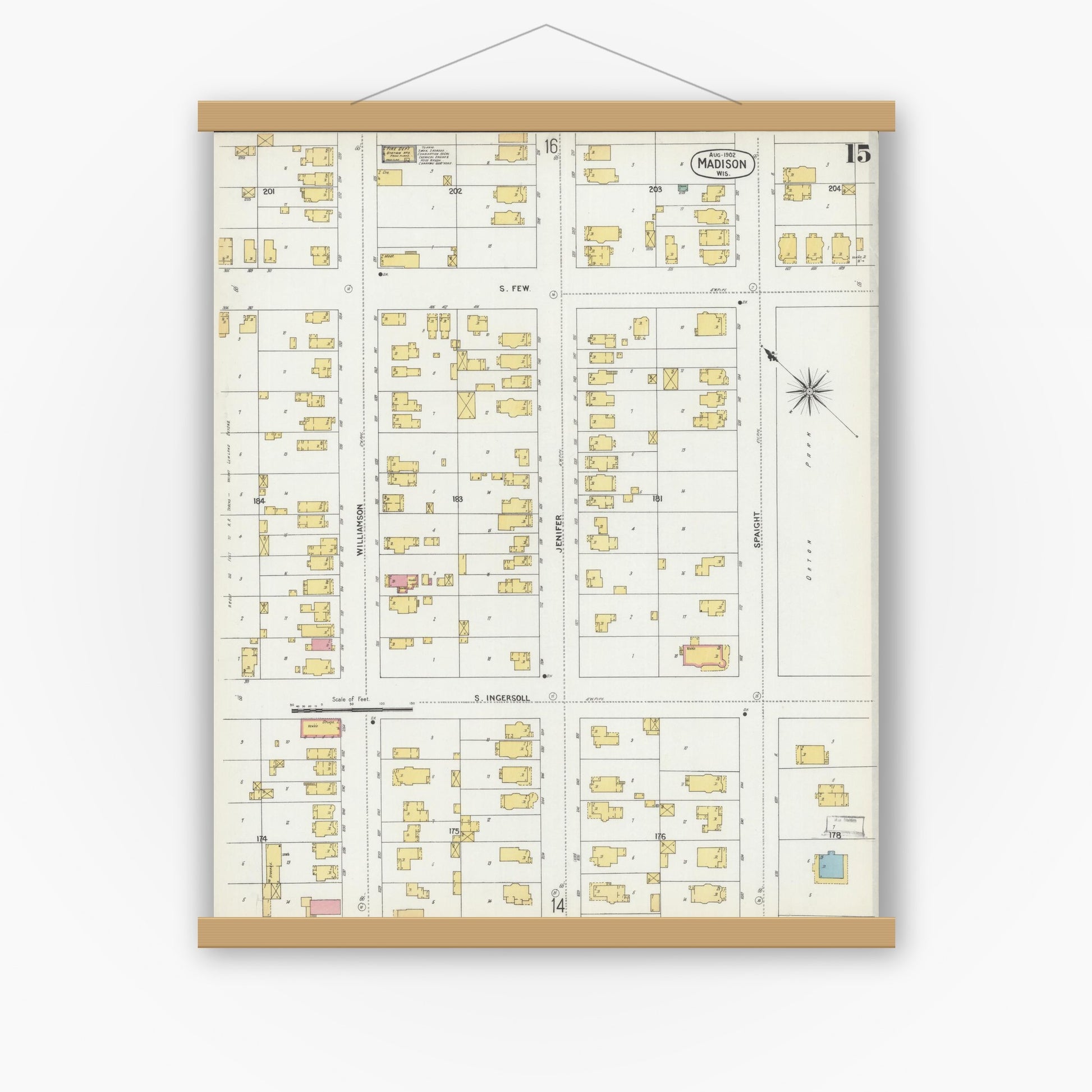 Old map wall art mockup — magnetic wood frame on white wall — Sanborn Fire Insurance Map from Madison, Dane County, Wisconsin (1902), Sheet #0015