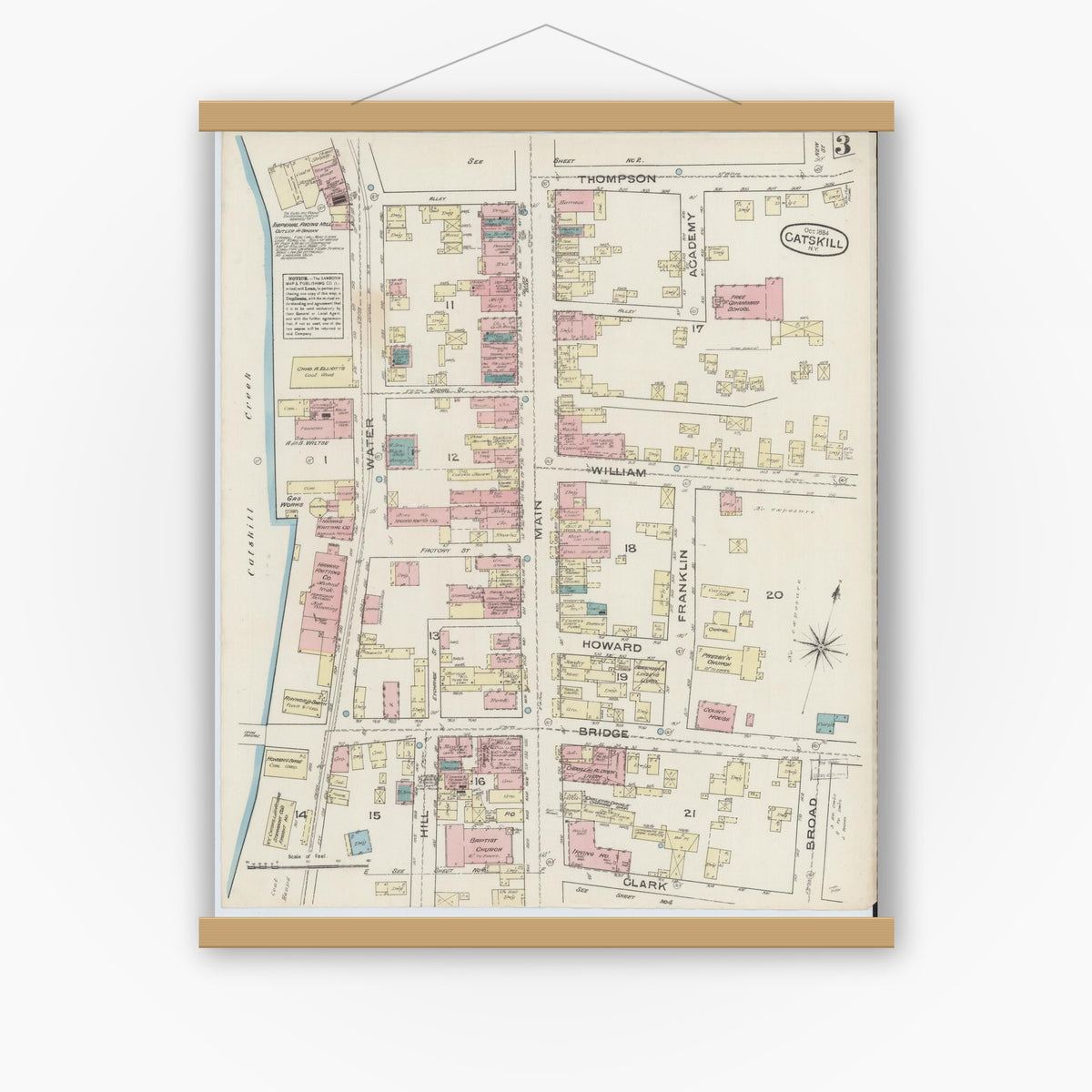 Old map wall art mockup — magnetic wood frame on white wall — Sanborn Fire Insurance Map from Catskill, Greene County, New York (1884), Sheet #0003