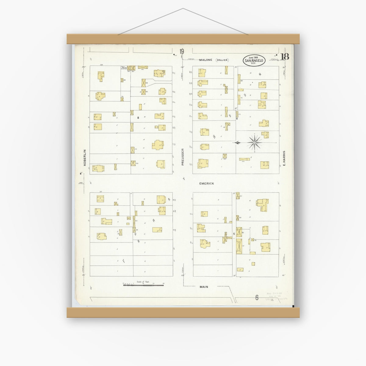 Old map wall art mockup — magnetic wood frame on white wall — Sanborn Fire Insurance Map from San Angelo, Tom Green County, Texas (1908), Sheet #0018