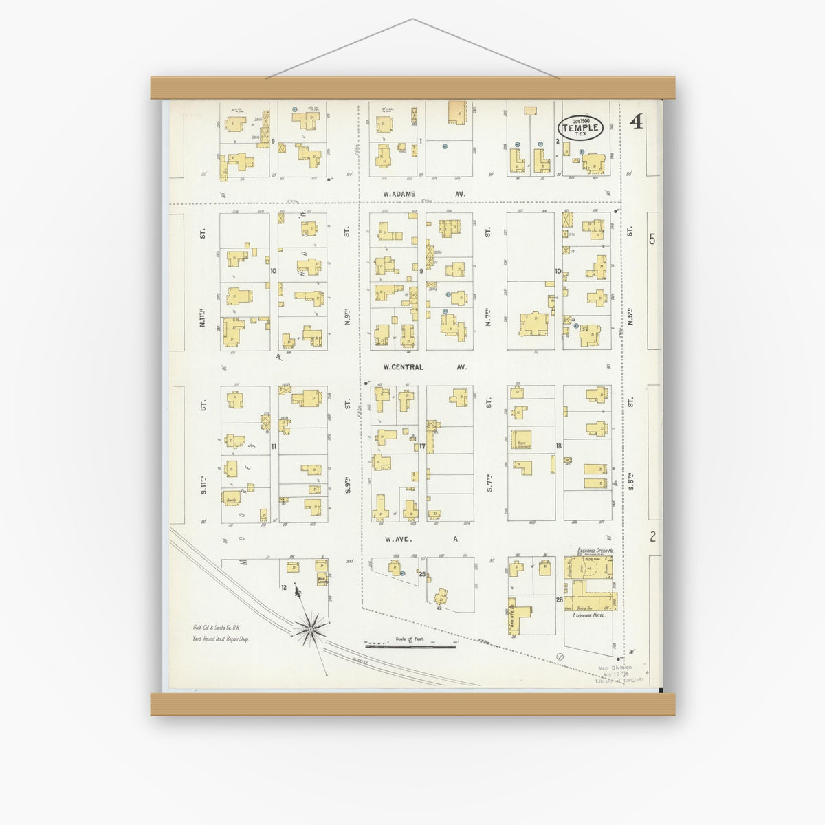 Old map wall art mockup — magnetic wood frame on white wall — Sanborn Fire Insurance Map from Temple, Bell County, Texas (1900), Sheet #0004