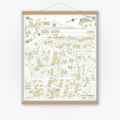 Old map wall art mockup — magnetic wood frame on white wall — Sanborn Fire Insurance Map from East Liverpool, Columbiana County, Ohio (1923), Sheet #0011