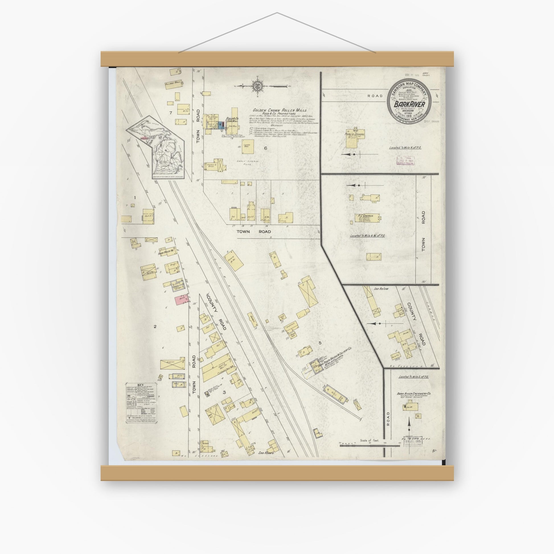 Old map wall art mockup — magnetic wood frame on white wall — Sanborn Fire Insurance Map from Bark River, Delta County, Michigan (1913), Sheet #0001