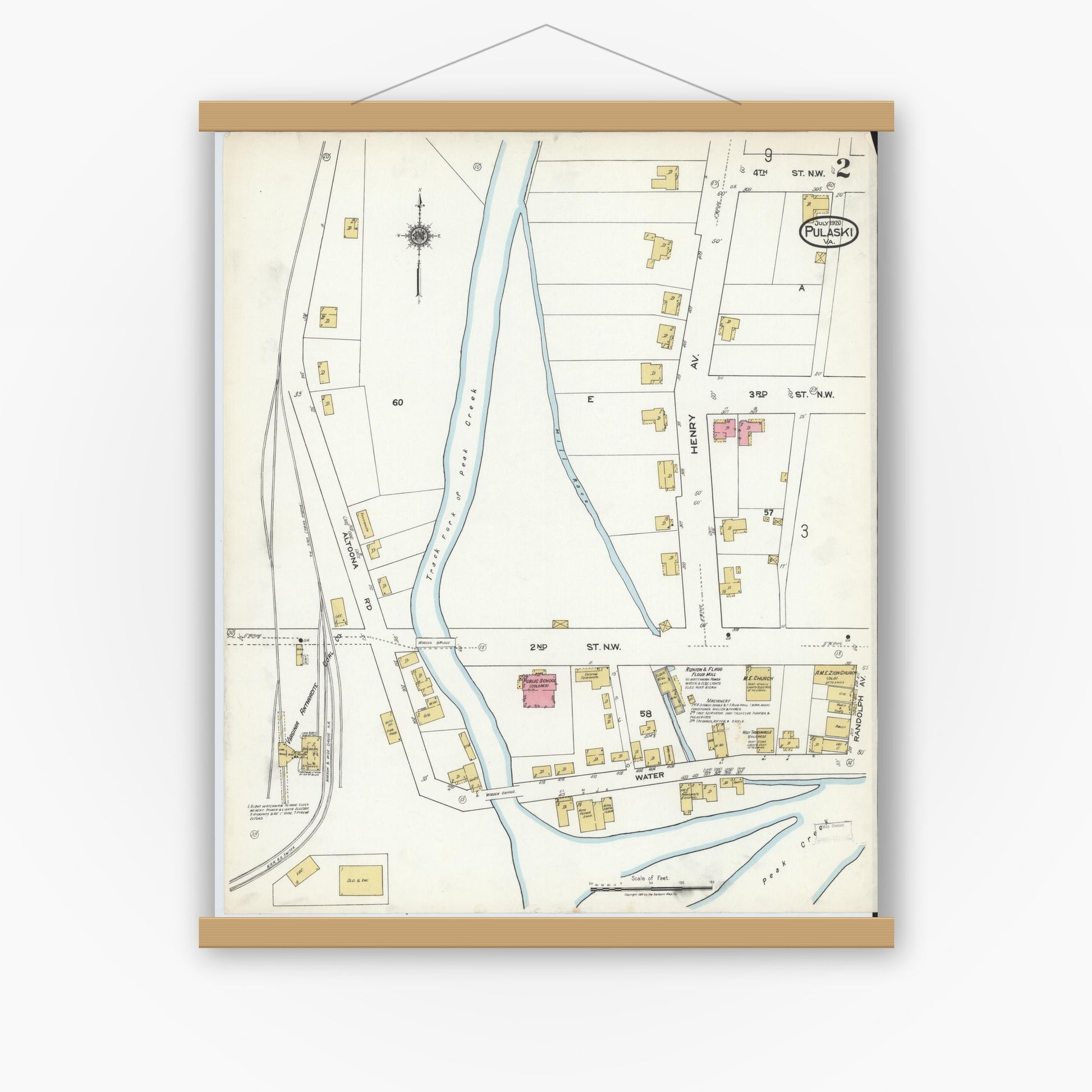 Old map wall art mockup — magnetic wood frame on white wall — Sanborn Fire Insurance Map from Pulaski, Pulaski County, Virginia (1920), Sheet #0002