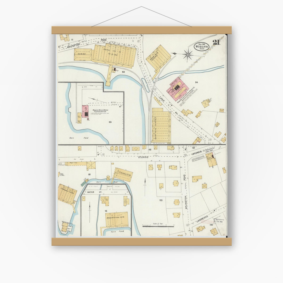 Old map wall art mockup — magnetic wood frame on white wall — Sanborn Fire Insurance Map from Woburn, Middlesex County, Massachusetts (1904), Sheet #0021