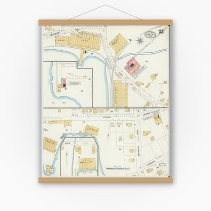 Old map wall art mockup — magnetic wood frame on white wall — Sanborn Fire Insurance Map from Woburn, Middlesex County, Massachusetts (1904), Sheet #0021