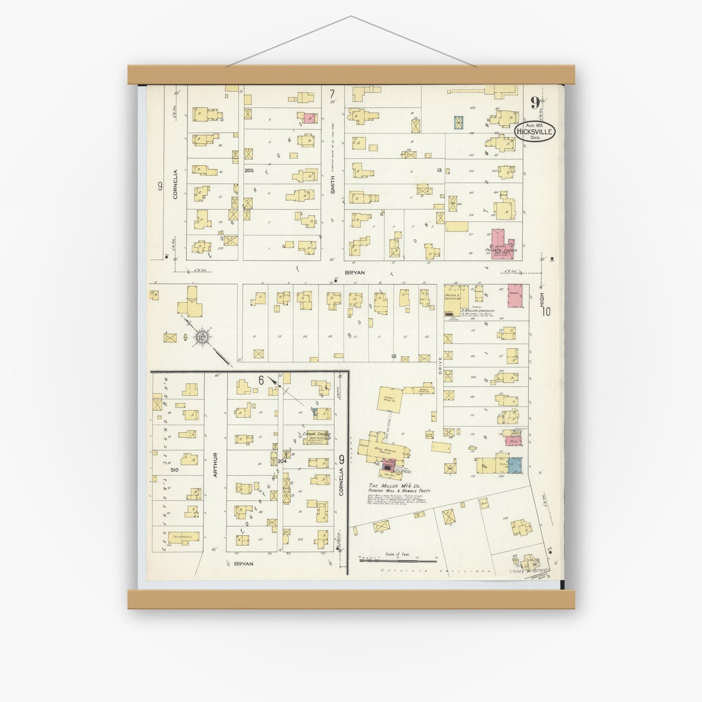 Old map wall art mockup — magnetic wood frame on white wall — Sanborn Fire Insurance Map from Hicksville, Defiance County, Ohio (1913), Sheet #0009
