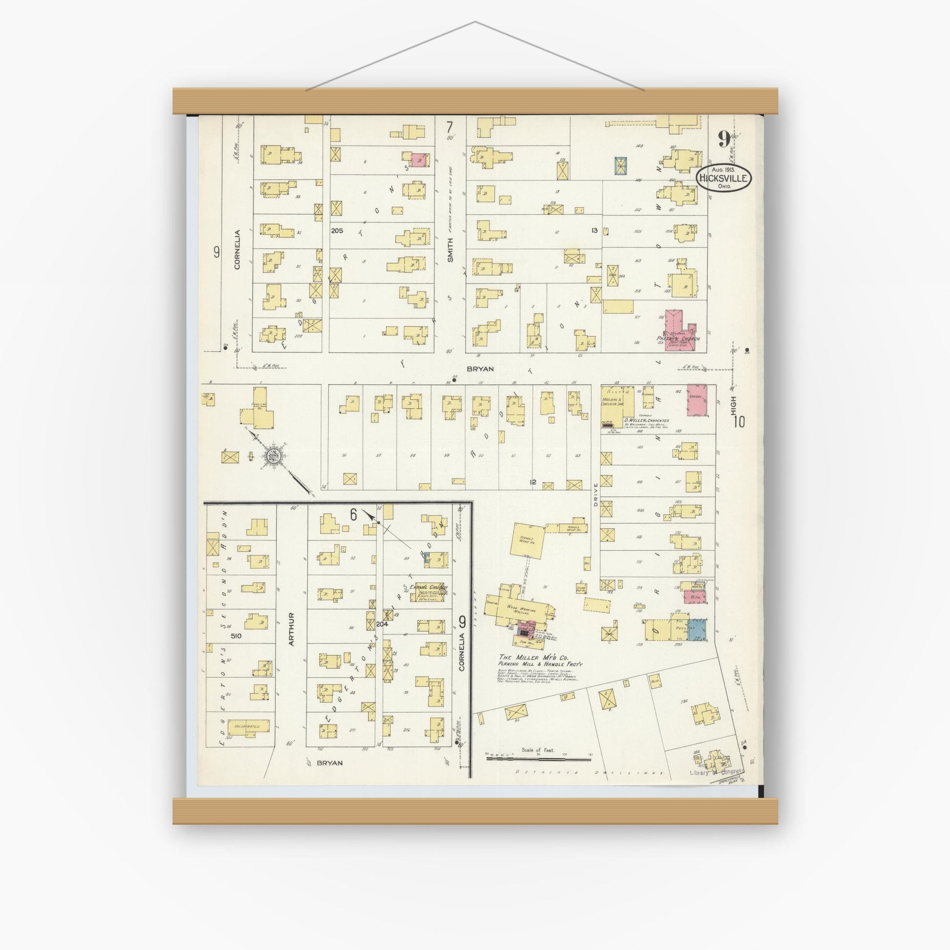 Old map wall art mockup — magnetic wood frame on white wall — Sanborn Fire Insurance Map from Hicksville, Defiance County, Ohio (1913), Sheet #0009
