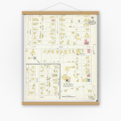 Old map wall art mockup — magnetic wood frame on white wall — Sanborn Fire Insurance Map from Hicksville, Defiance County, Ohio (1913), Sheet #0009