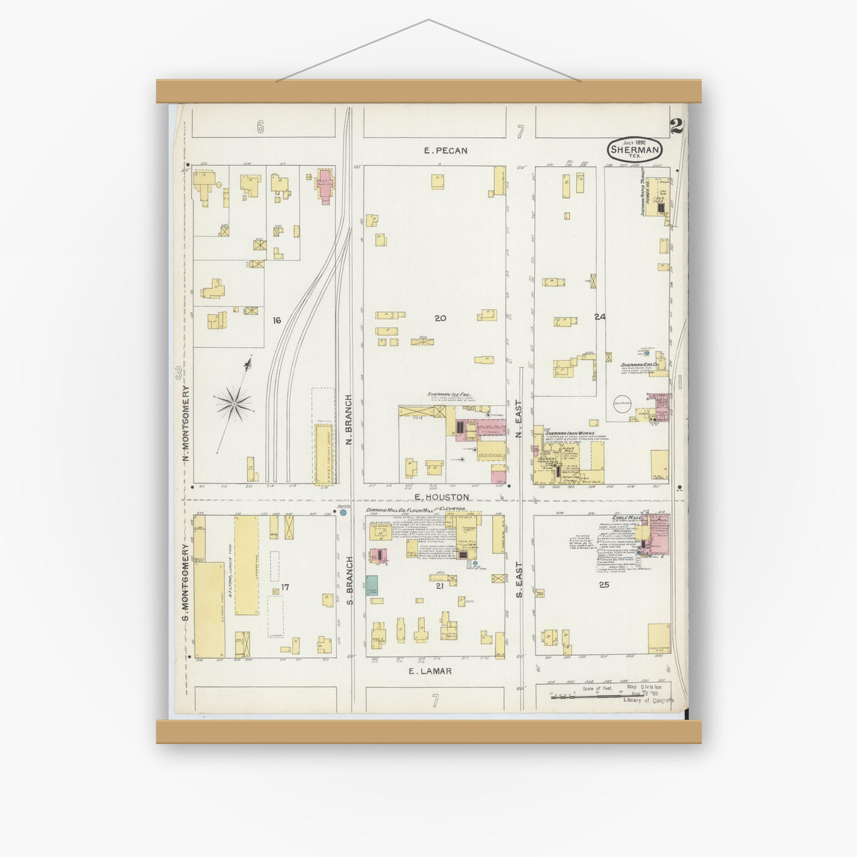 Old map wall art mockup — magnetic wood frame on white wall — Sanborn Fire Insurance Map from Sherman, Grayson County, Texas (1892), Sheet #0002