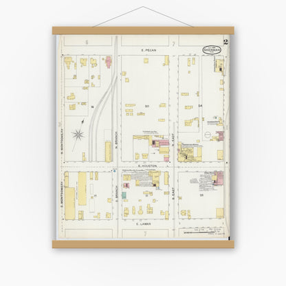 Old map wall art mockup — magnetic wood frame on white wall — Sanborn Fire Insurance Map from Sherman, Grayson County, Texas (1892), Sheet #0002