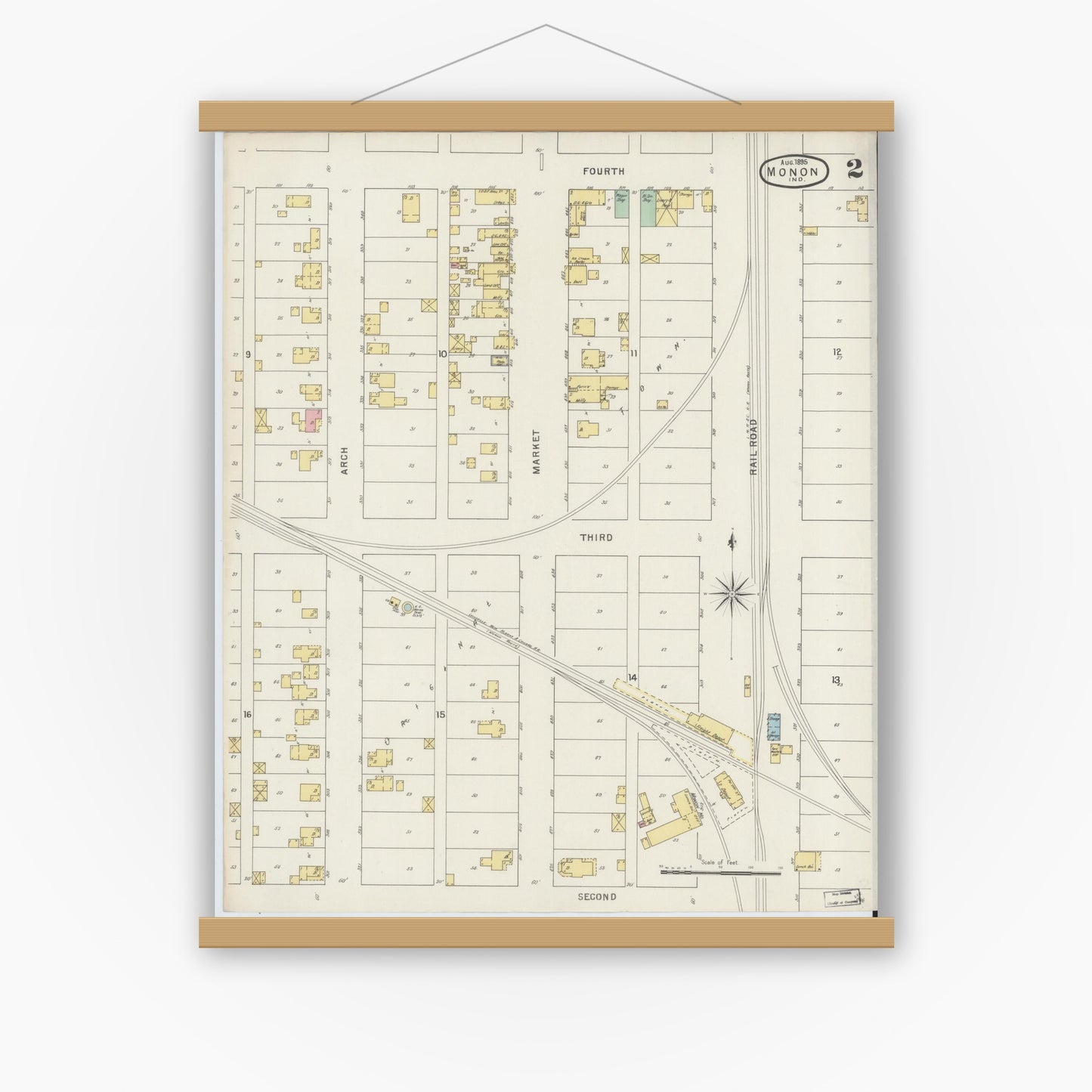 Old map wall art mockup — magnetic wood frame on white wall — Sanborn Fire Insurance Map from Monon, White County, Indiana (1895), Sheet #0002