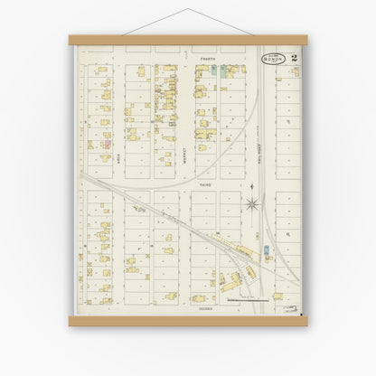 Old map wall art mockup — magnetic wood frame on white wall — Sanborn Fire Insurance Map from Monon, White County, Indiana (1895), Sheet #0002