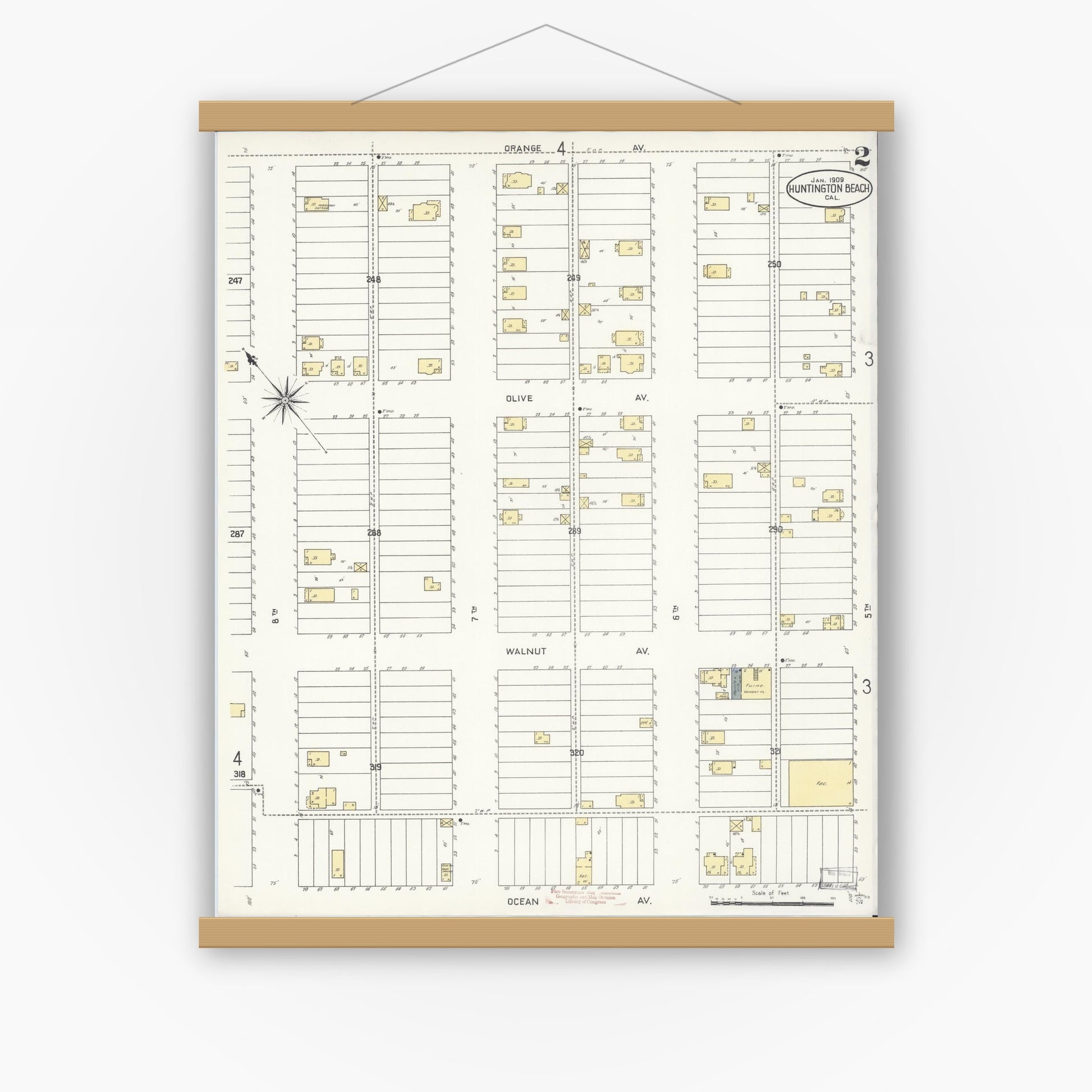 Old map wall art mockup — magnetic wood frame on white wall — Sanborn Fire Insurance Map from Huntington Beach, Orange County, California (1909), Sheet #0002