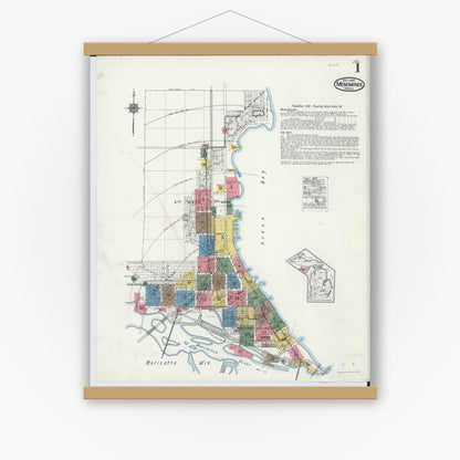 Old map wall art mockup — magnetic wood frame on white wall — Sanborn Fire Insurance Map from Menominee, Menominee County, Michigan (1921) - Complete Map Set