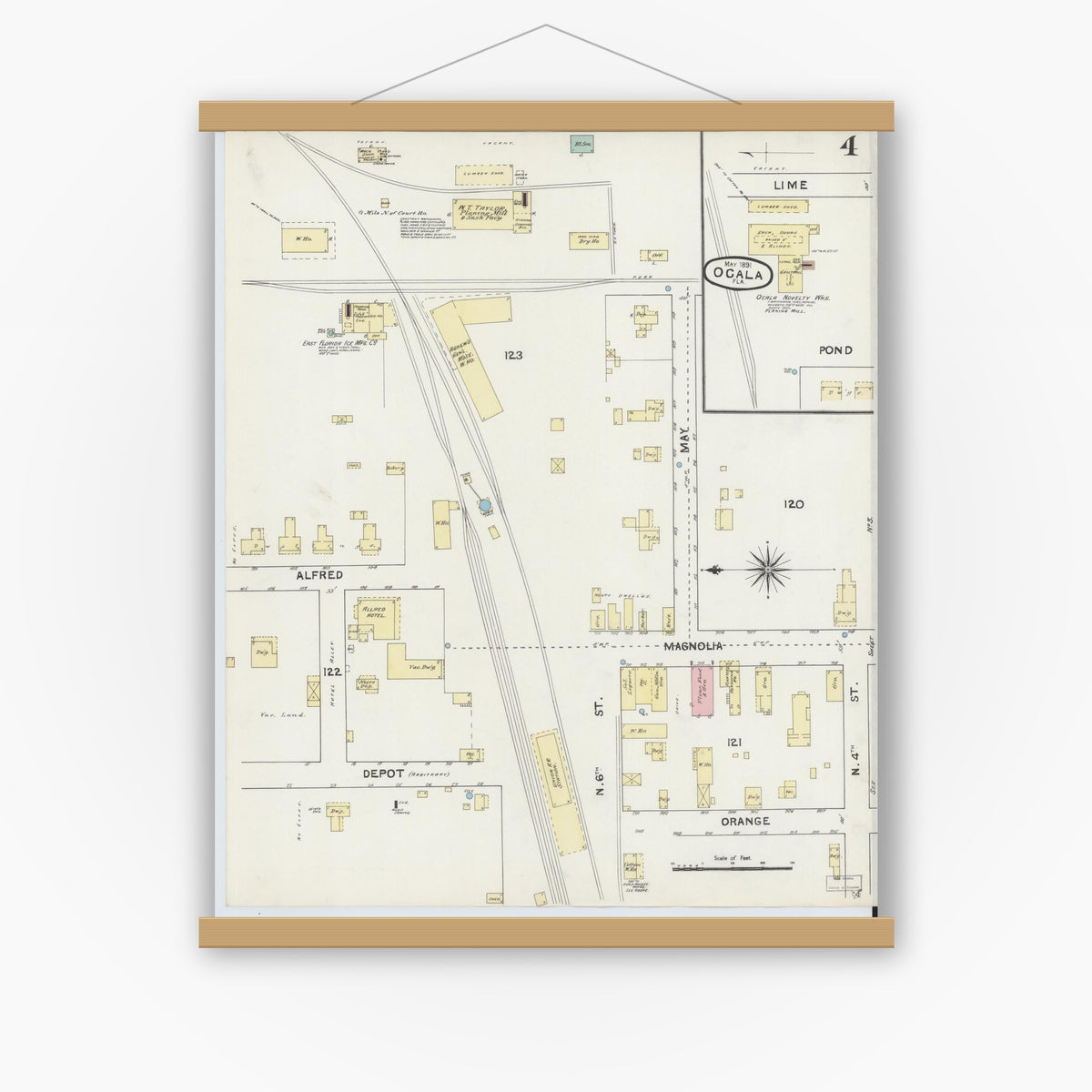 Old map wall art mockup — magnetic wood frame on white wall — Sanborn Fire Insurance Map from Ocala, Marion County, Florida (1891), Sheet #0004
