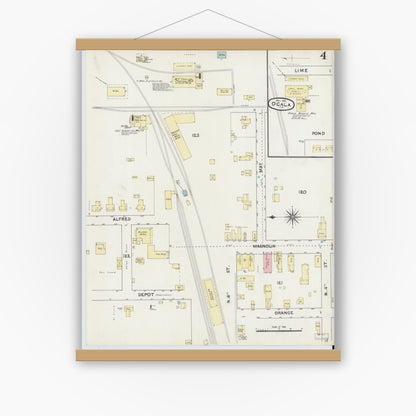 Old map wall art mockup — magnetic wood frame on white wall — Sanborn Fire Insurance Map from Ocala, Marion County, Florida (1891), Sheet #0004