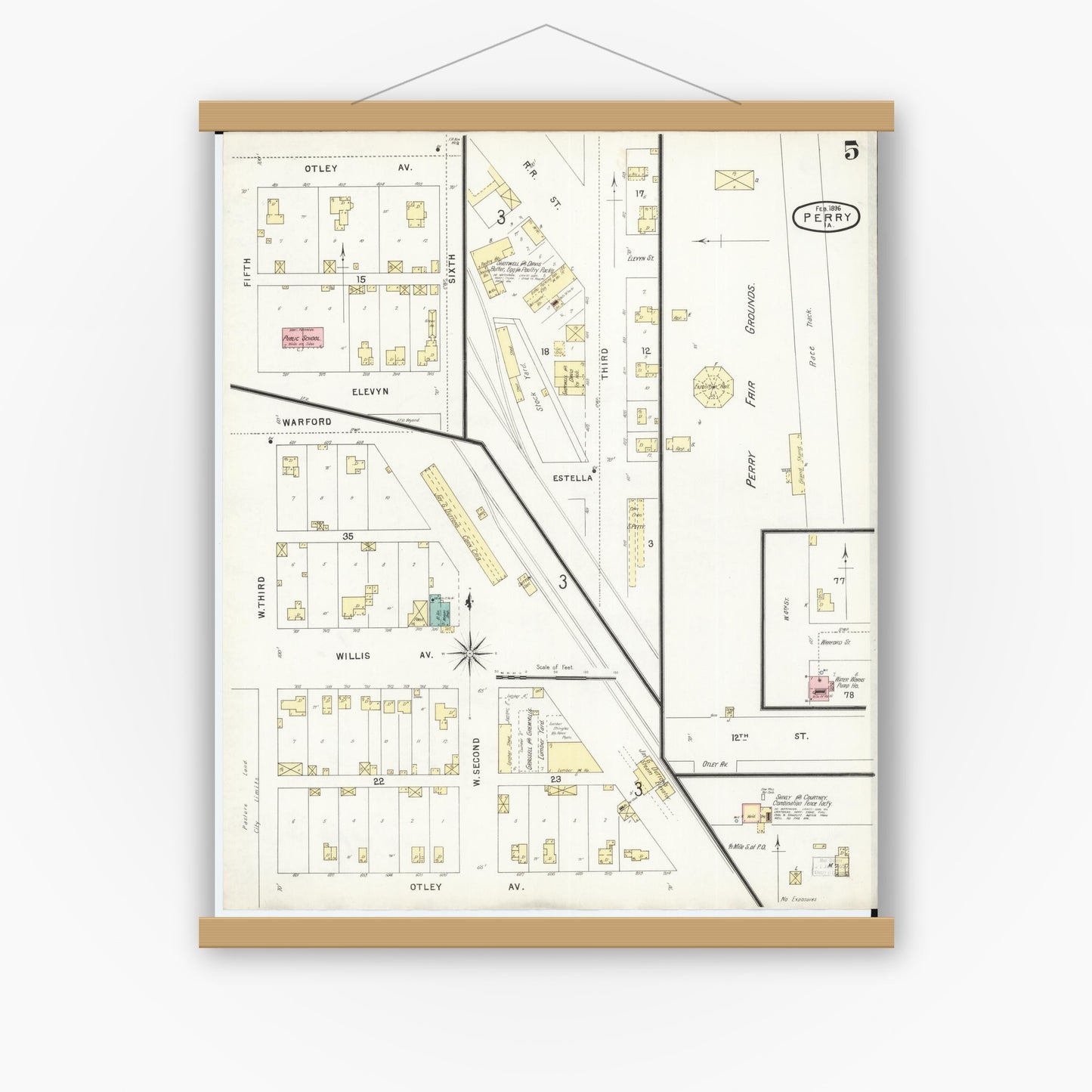 Old map wall art mockup — magnetic wood frame on white wall — Sanborn Fire Insurance Map from Perry, Dallas County, Iowa (1896), Sheet #0005