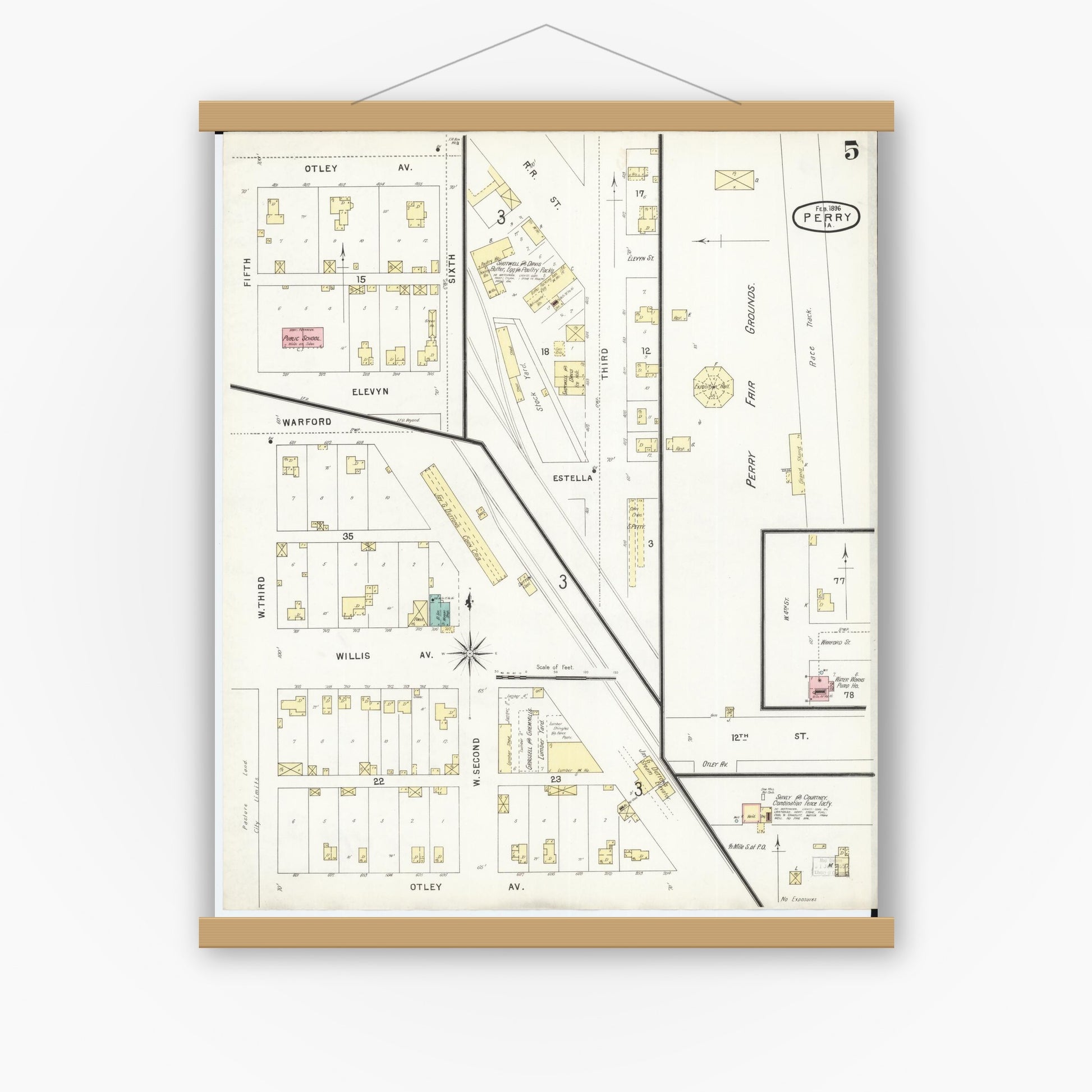 Old map wall art mockup — magnetic wood frame on white wall — Sanborn Fire Insurance Map from Perry, Dallas County, Iowa (1896), Sheet #0005