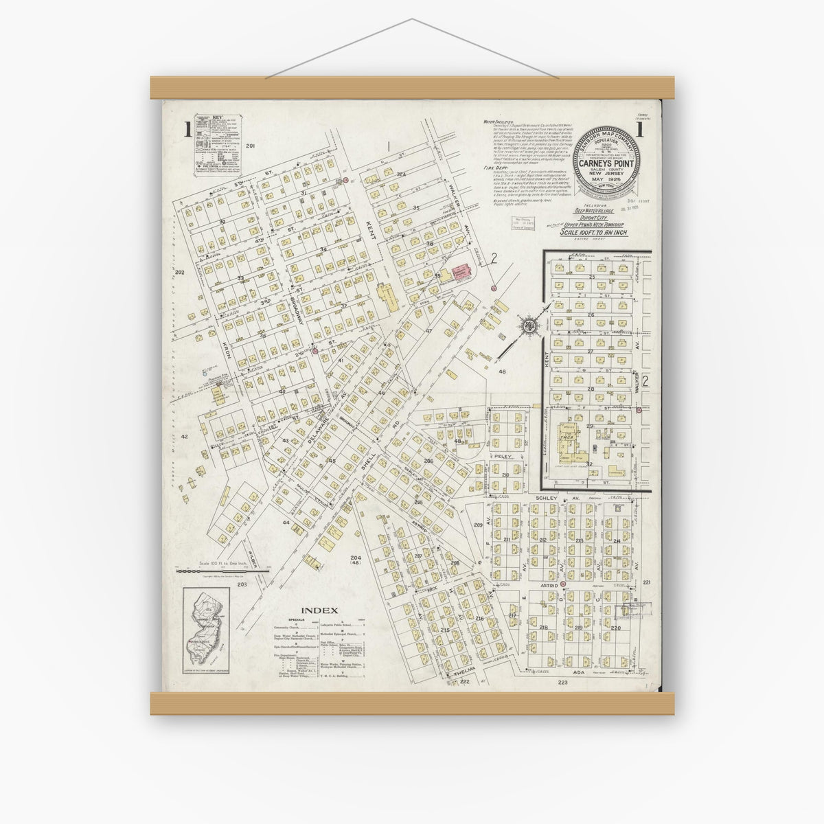 Old map wall art mockup — magnetic wood frame on white wall — Sanborn Fire Insurance Map from Carneys Point, Salem County, New Jersey (1925) - Complete Map Set