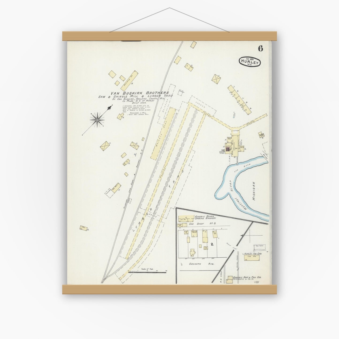 Old map wall art mockup — magnetic wood frame on white wall — Sanborn Fire Insurance Map from Hurley, Iron County, Wisconsin (1891), Sheet #0006
